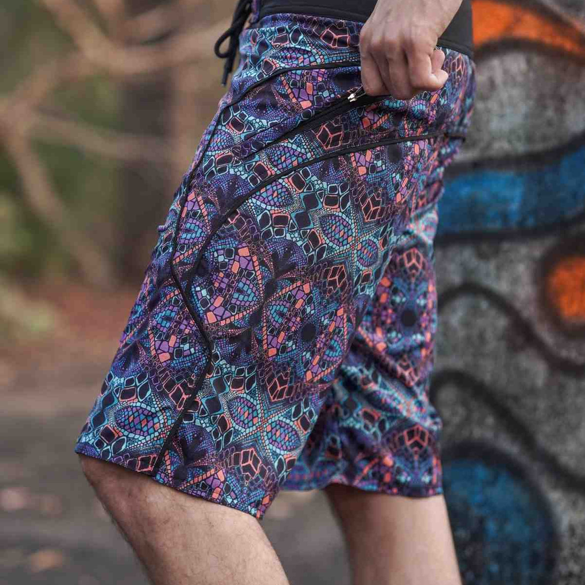 psychedelic kaleidoscope swim shorts zipper pocket detail side view