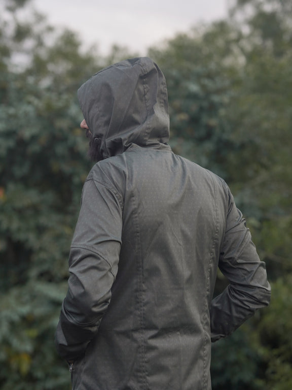 khaki windbreaker jacket back view with hood