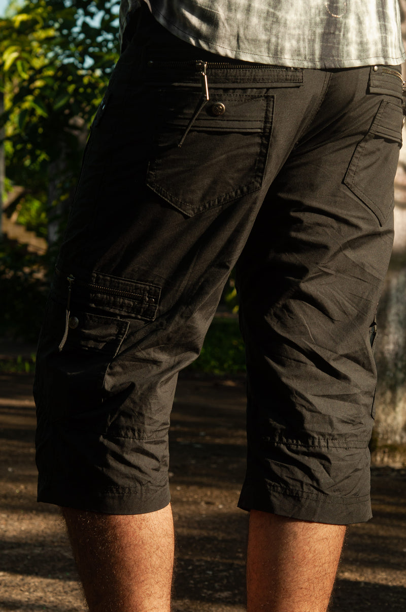 MANAGA | Men's Cargo Shorts | Black Distressed Cargos Mini Checks