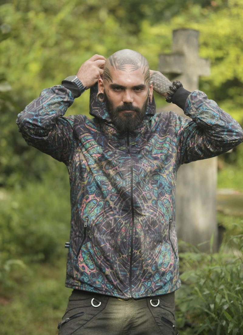 psychedelic reversible jacket men front view hood up