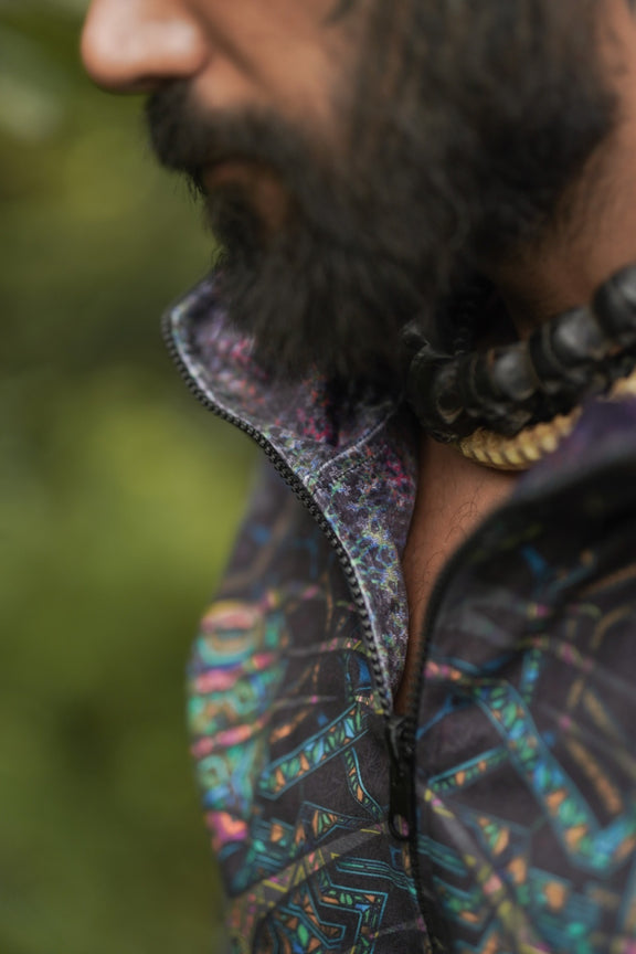 psychedelic jacket zipper detail close up suede fabric
