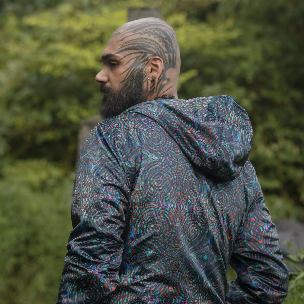 psychedelic festival jacket men back view hooded