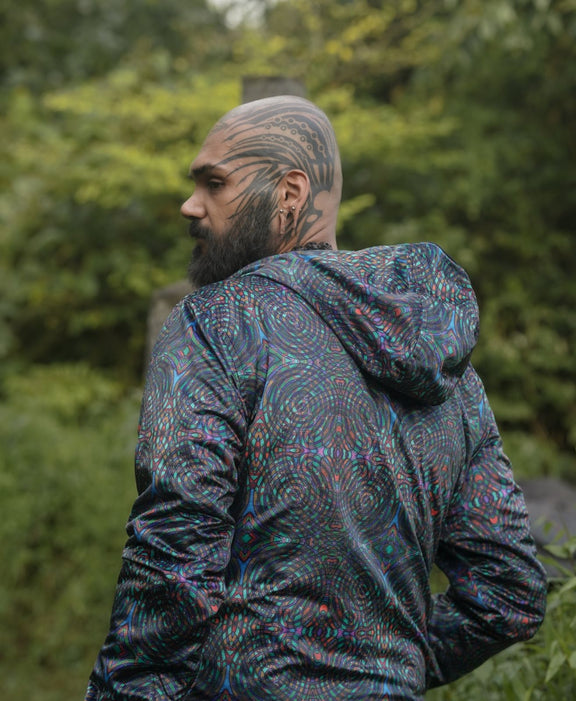 psychedelic festival jacket men back view hooded