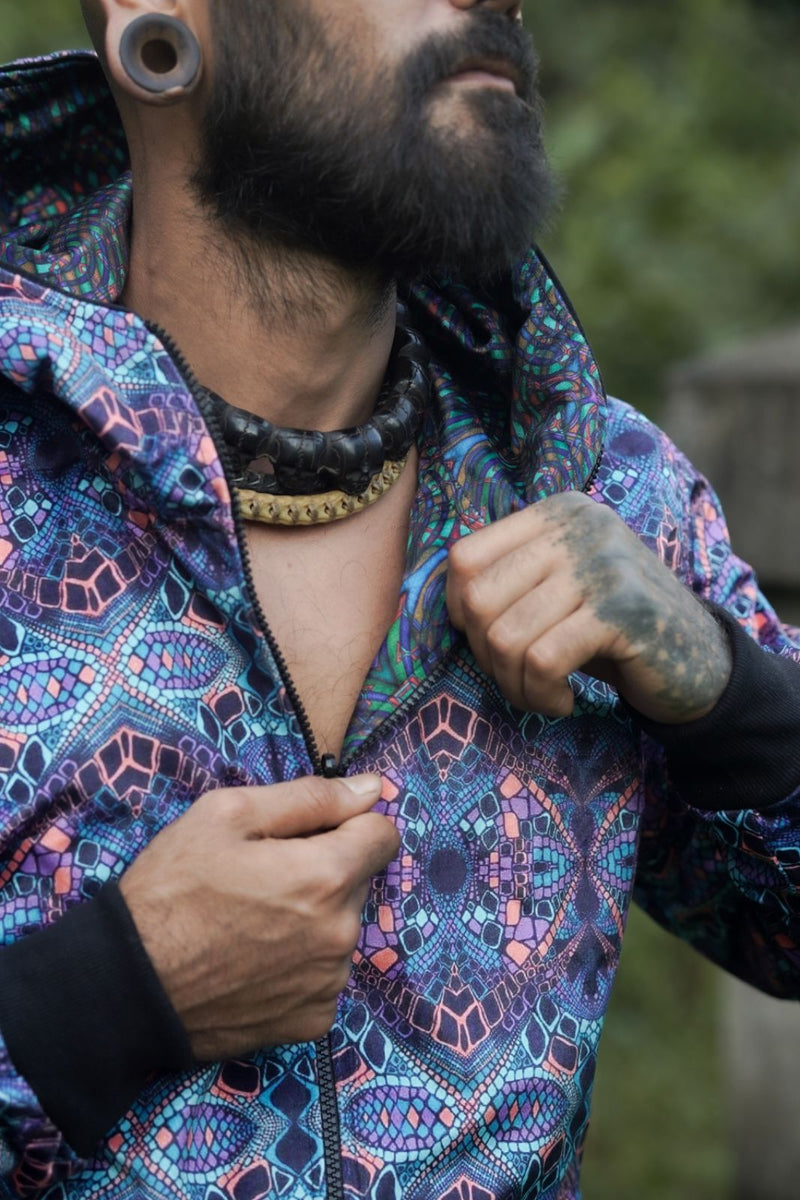 trippy geometric jacket men close fabric texture