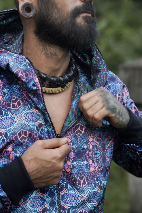 trippy geometric jacket men close fabric texture