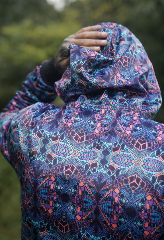 reversible festival jacket men hood detail back side