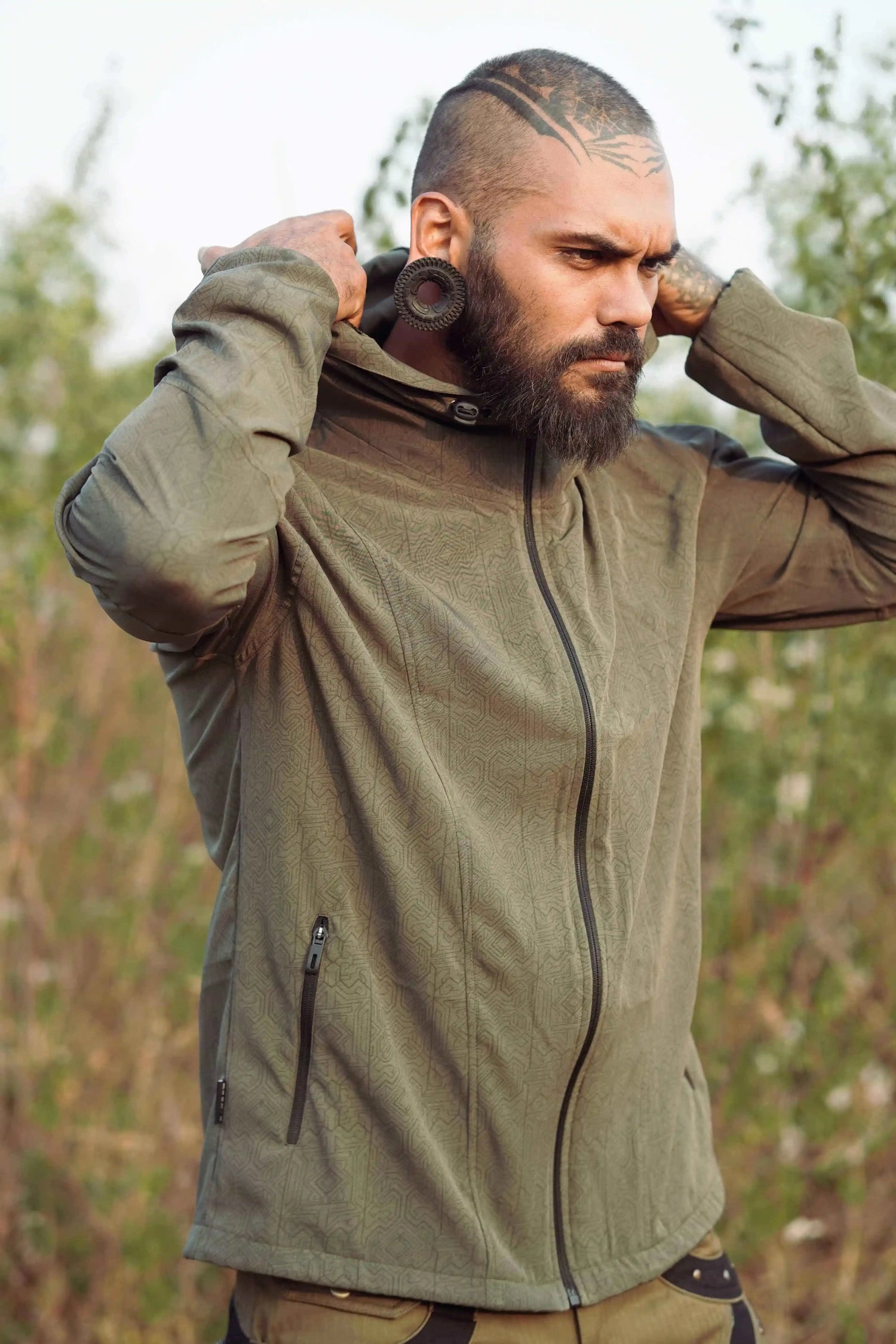 Magma Codex khaki lightweight festival windbreaker jacket for men front view hooded design