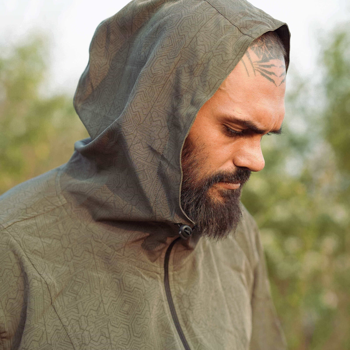 Hooded lightweight summer jacket for festival wear in khaki color side profile