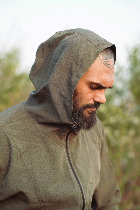 Hooded lightweight summer jacket for festival wear in khaki color side profile