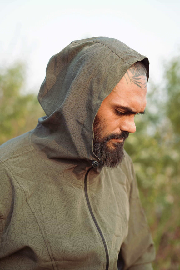 Hooded lightweight summer jacket for festival wear in khaki color side profile