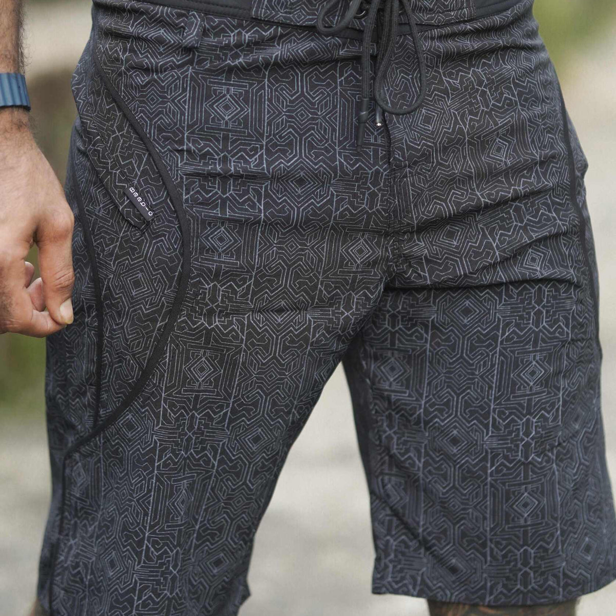 black cyberpunk board shorts for men front view
