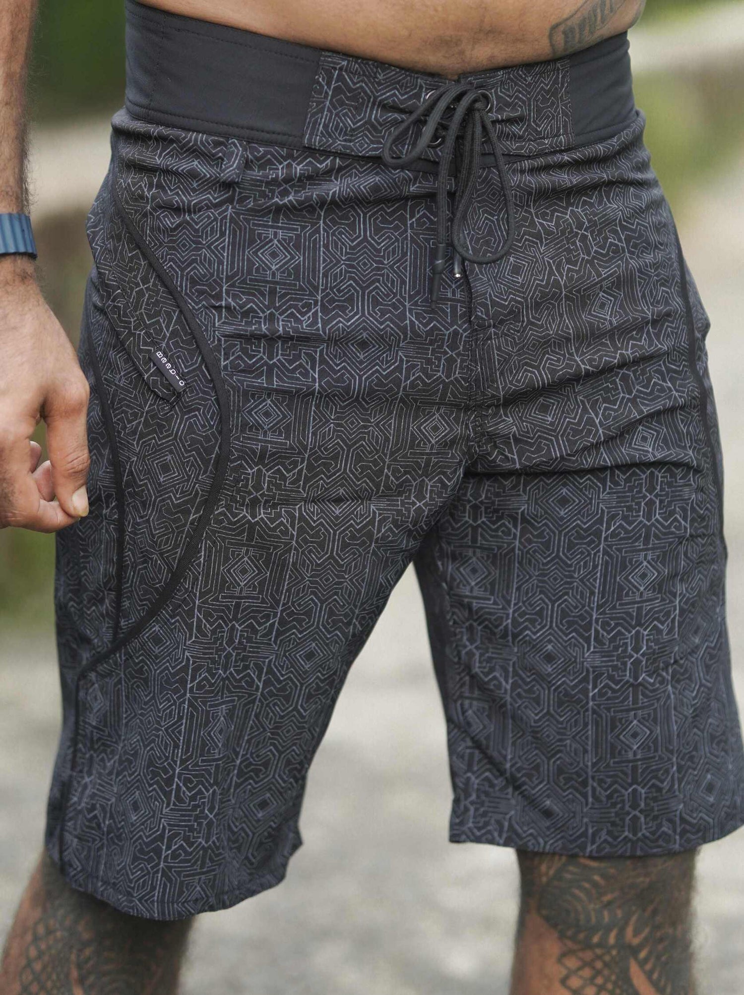 black cyberpunk board shorts for men front view