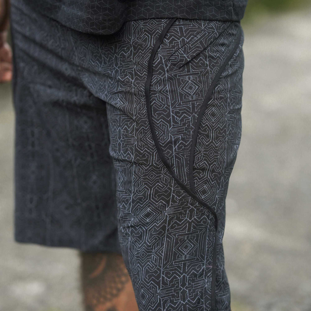 mens black cyberpunk board shorts zipper pocket detail