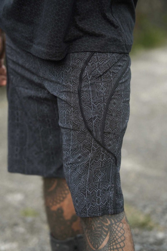 mens black cyberpunk board shorts zipper pocket detail