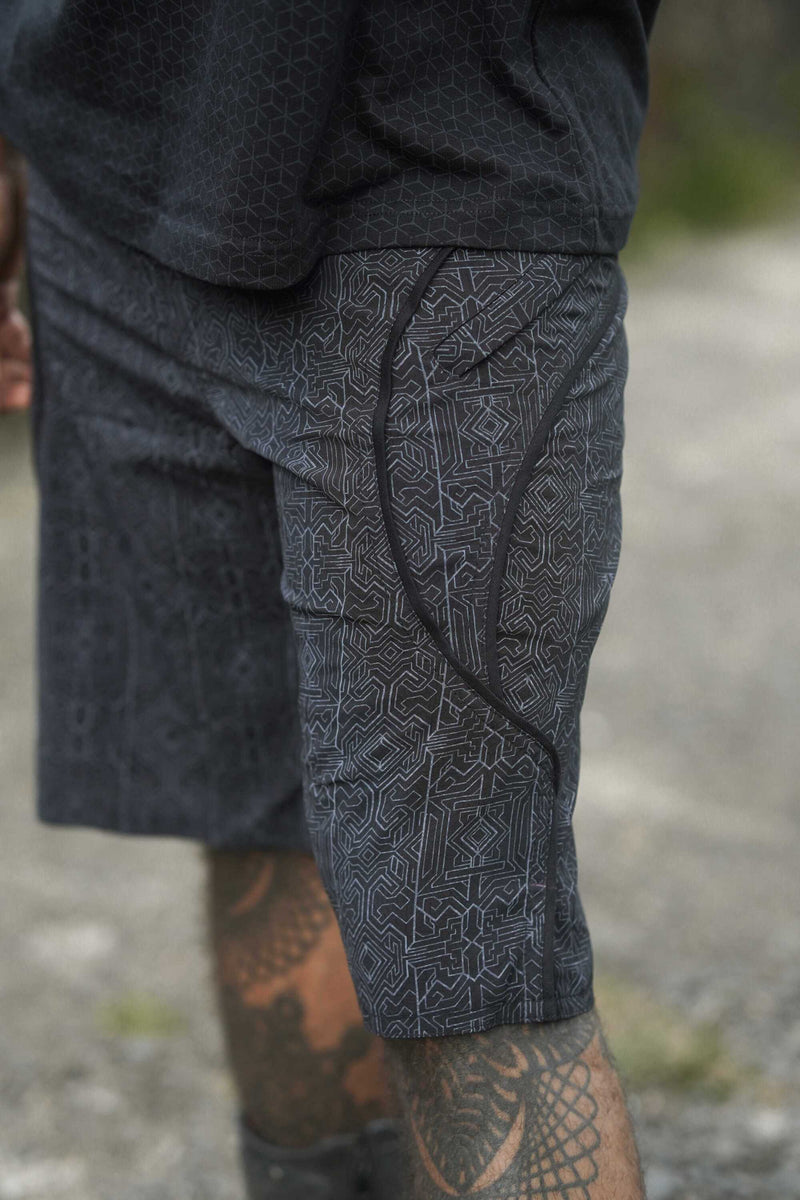 mens black cyberpunk board shorts zipper pocket detail