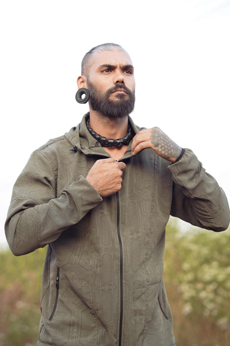 Khaki psychedelic windbreaker jacket front view with full zipper and geometric print design