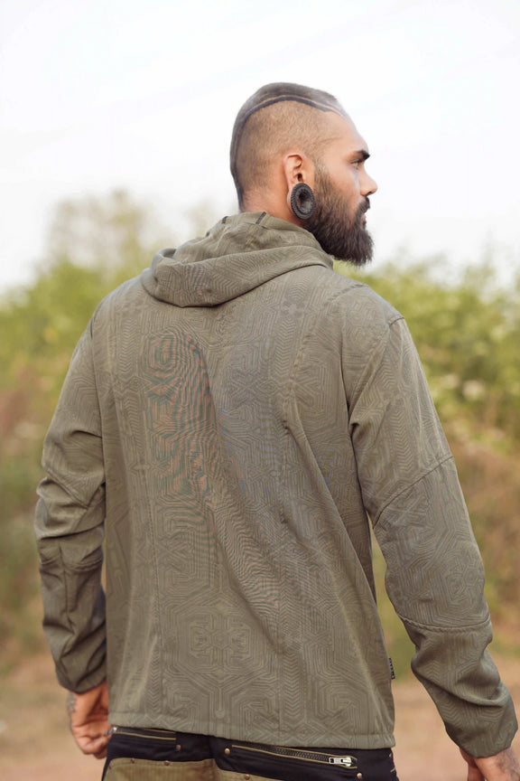 Khaki psychedelic windbreaker jacket back view with Metanoia geometric pattern and hood