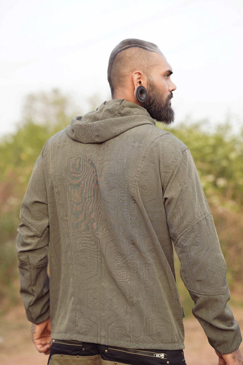 Khaki psychedelic windbreaker jacket back view with Metanoia geometric pattern and hood