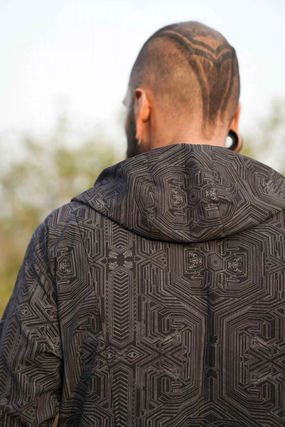 Black festival windbreaker jacket with adjustable hood 