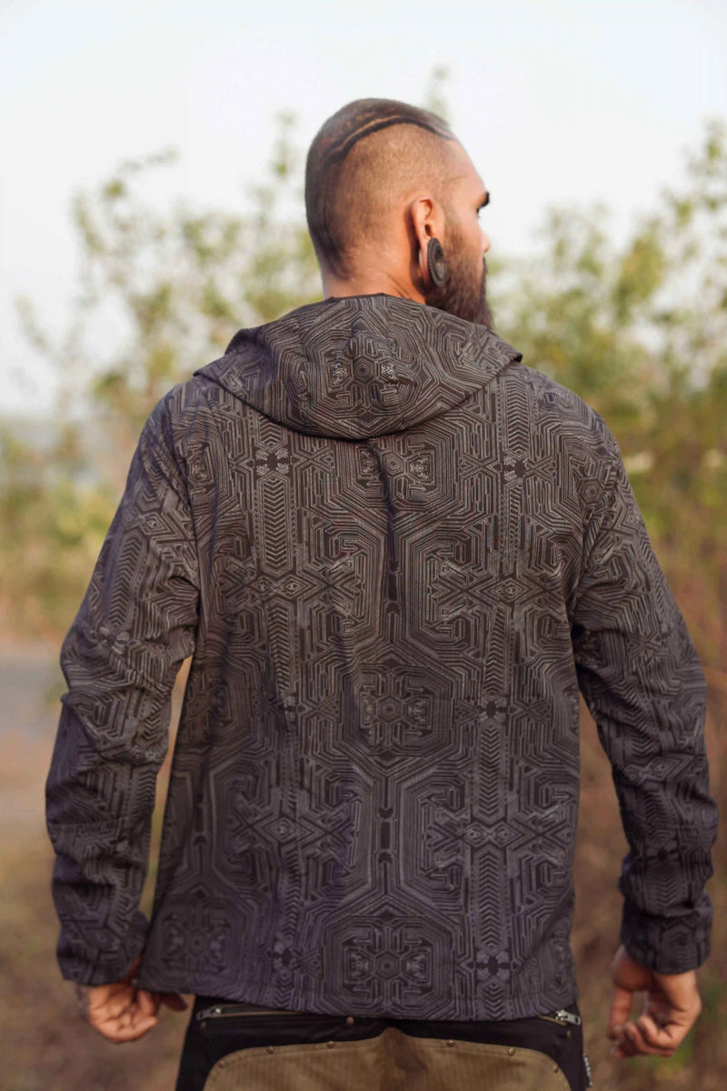 Black geometric windbreaker jacket back view with hood