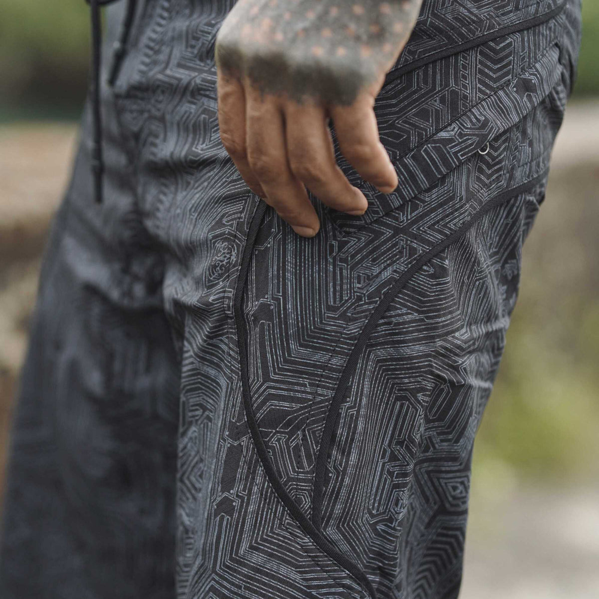 black cyberpunk swim shorts for men metanoia geometric pattern pocket detail