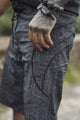 black cyberpunk swim shorts for men metanoia geometric pattern pocket detail