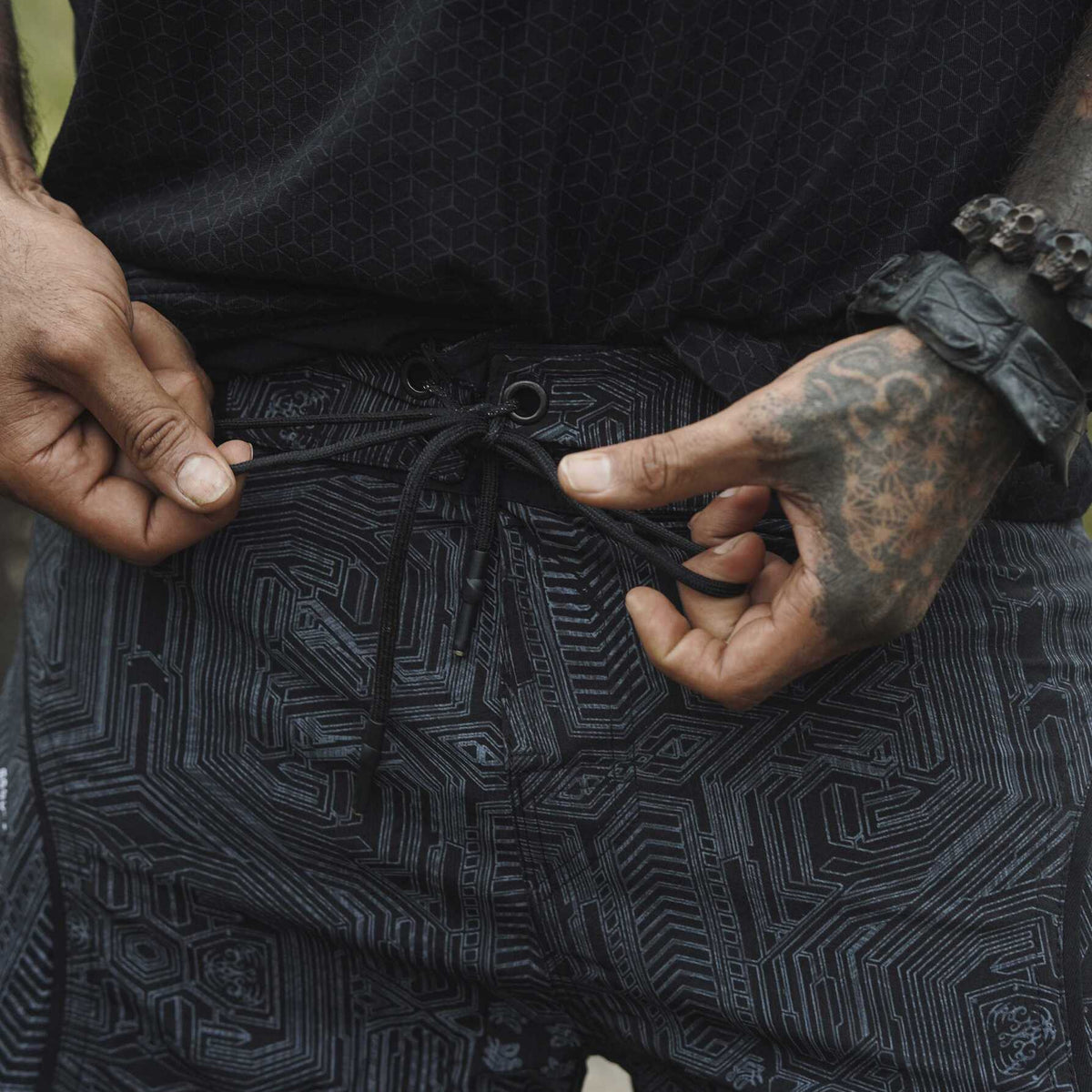 cyberpunk swim shorts for men drawstring waistband black geometric pattern detail