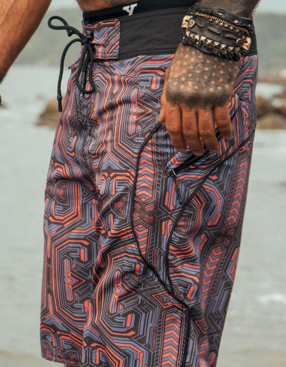 cyberpunk swim shorts men red geometric pattern side zipper pocket