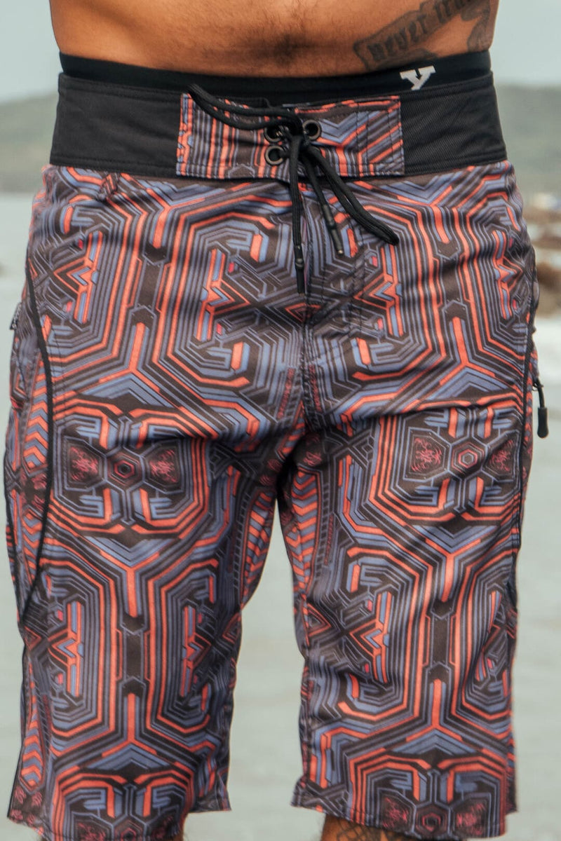 mens cyberpunk board shorts front view geometric swim shorts drawstring waist