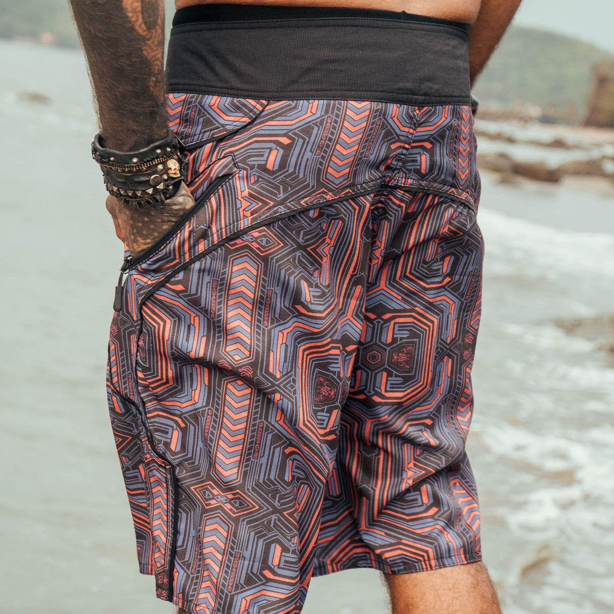 cyberpunk swim shorts back view zipper pocket festival board shorts