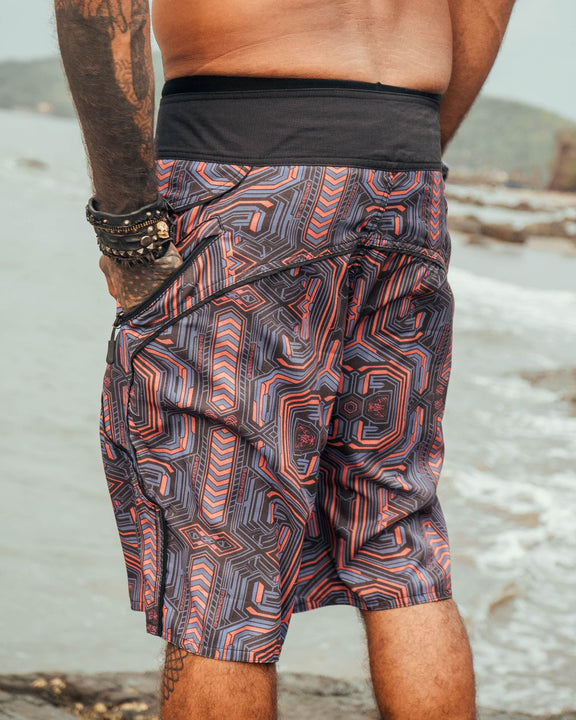 cyberpunk swim shorts back view zipper pocket festival board shorts