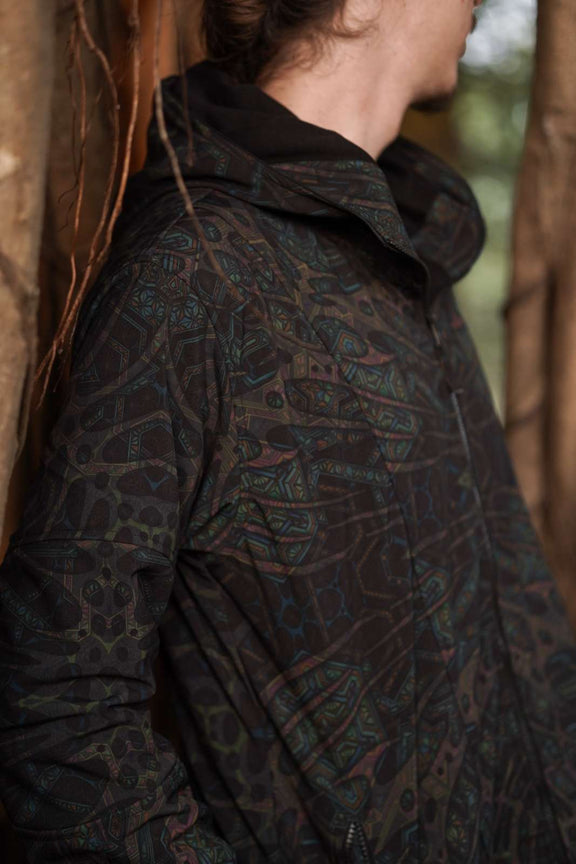 side view psychedelic softshell jacket with cyberpunk artwork