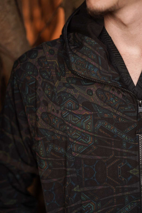 close up sacred geometry festival jacket print detail with ykk zipper 