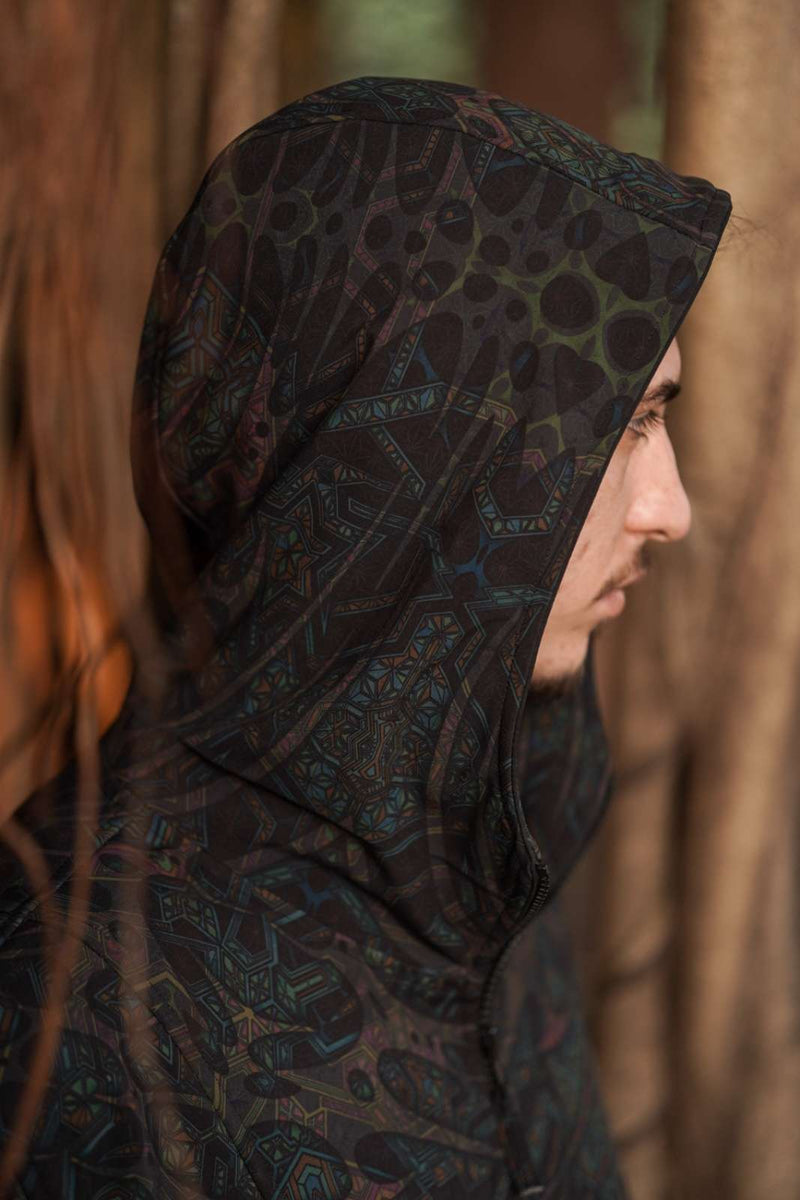 hooded psychedelic festival jacket side profile outdoors