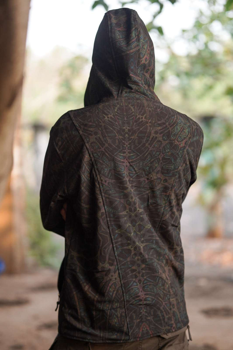 rear view psychedelic softshell festival jacket outdoors