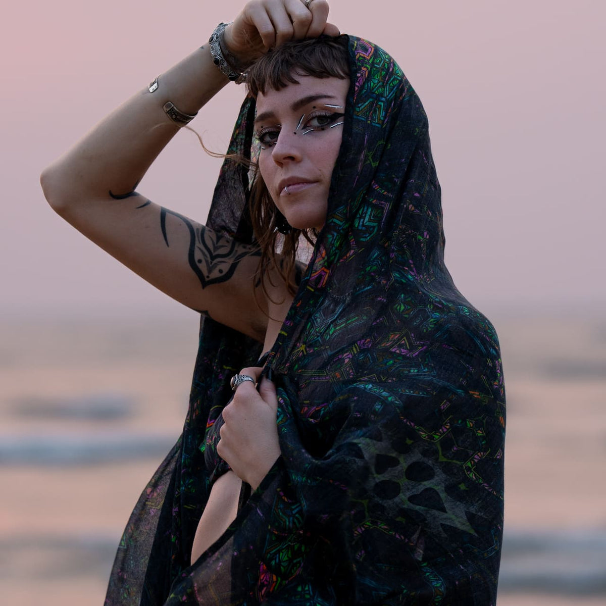 mind flare psychedelic bamboo scarf festival cover up styling