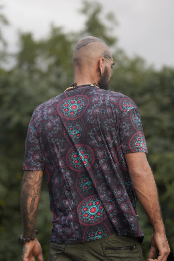 mens psychedelic graphic t shirt with sacred geometry pattern for festival wear