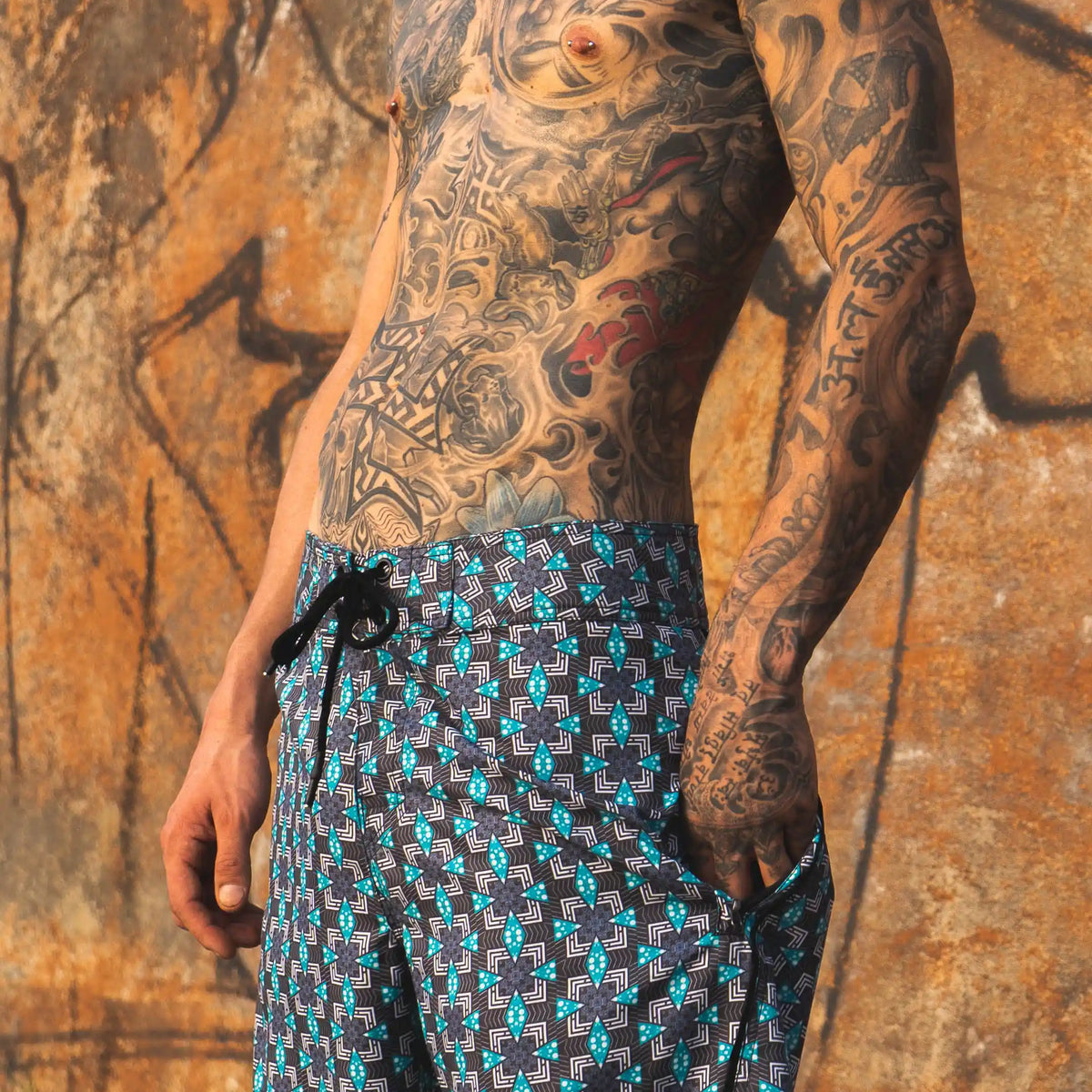 patterned board shorts for men geometric print front view