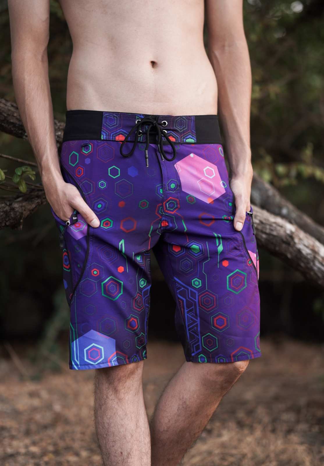 hexagon printed swim shorts front view men