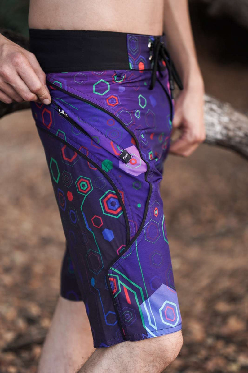 mens hexagon swim trunks zipper pocket detail
