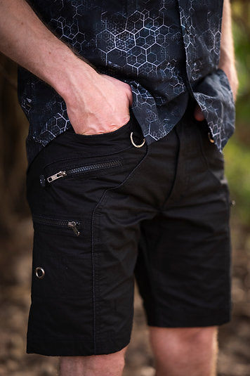 mens black above knee shorts zipper pocket detail ykk zippers