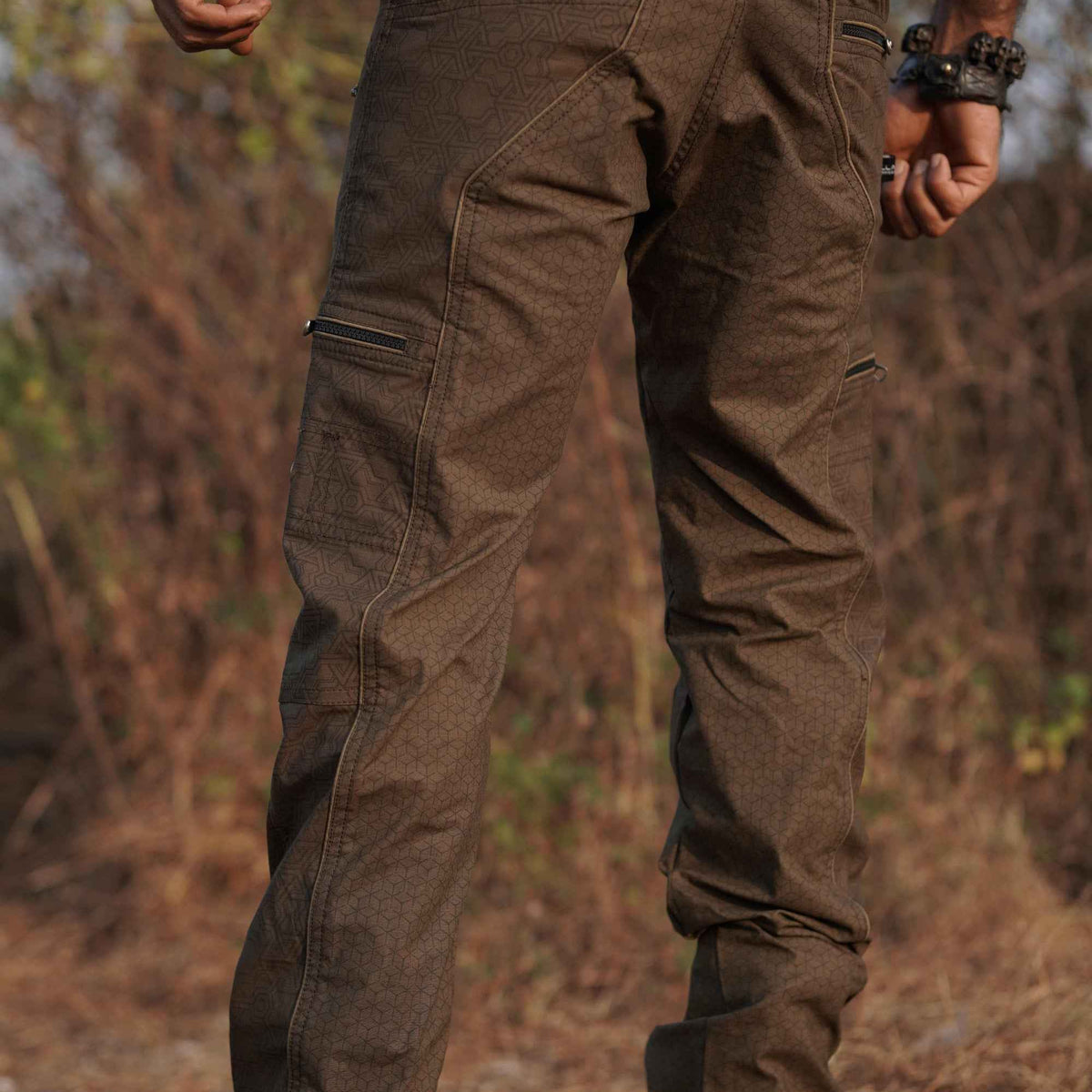Back view of stretchable khaki cargo pants street wear for men
