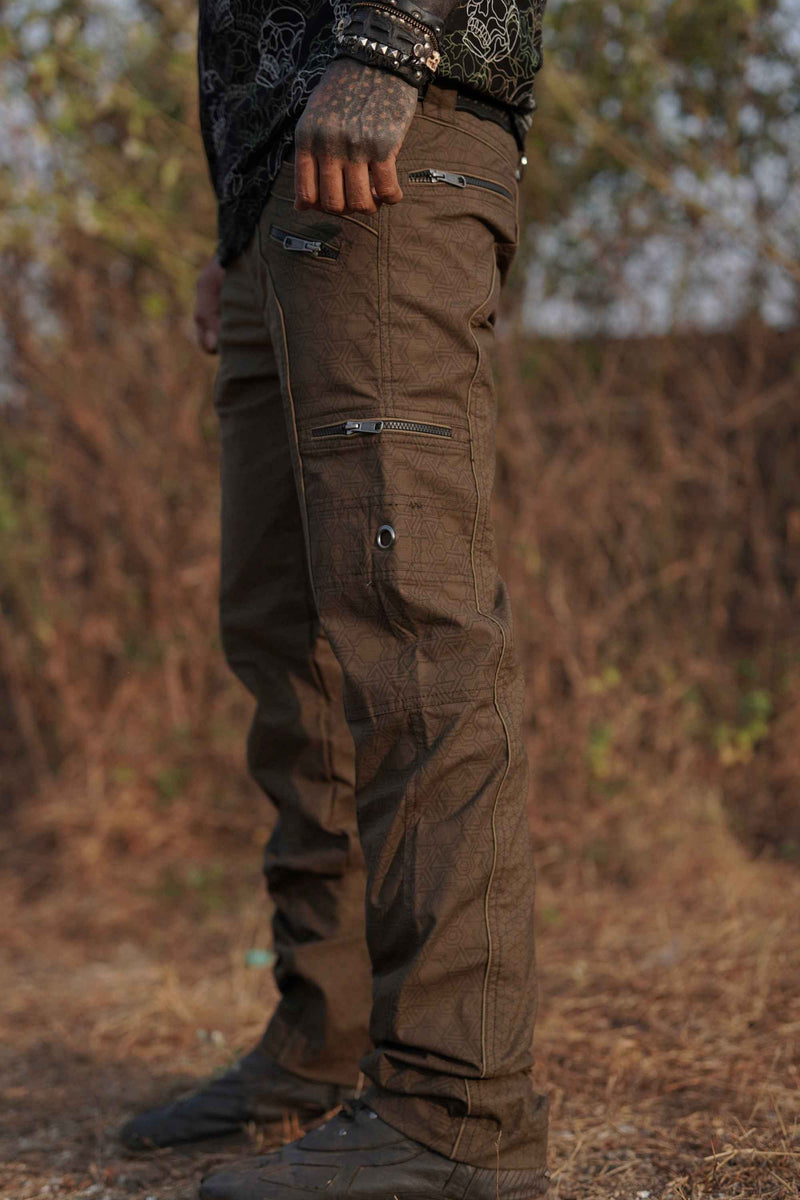 Men's khaki multi-pocket cargo pants for street wear and festivals