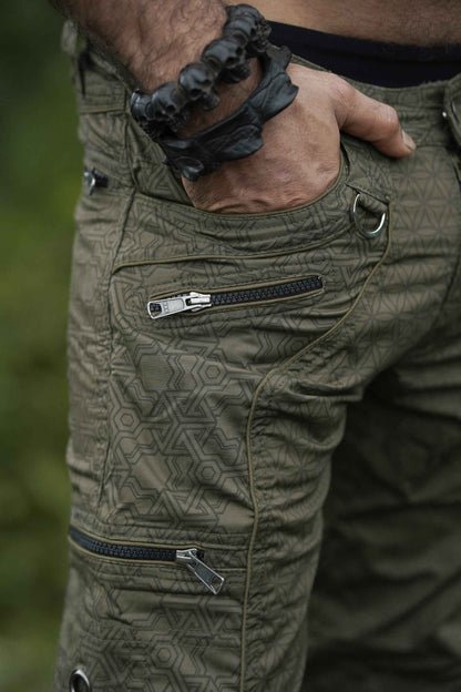 Close-up of khaki sacred pattern on premium stretch cotton