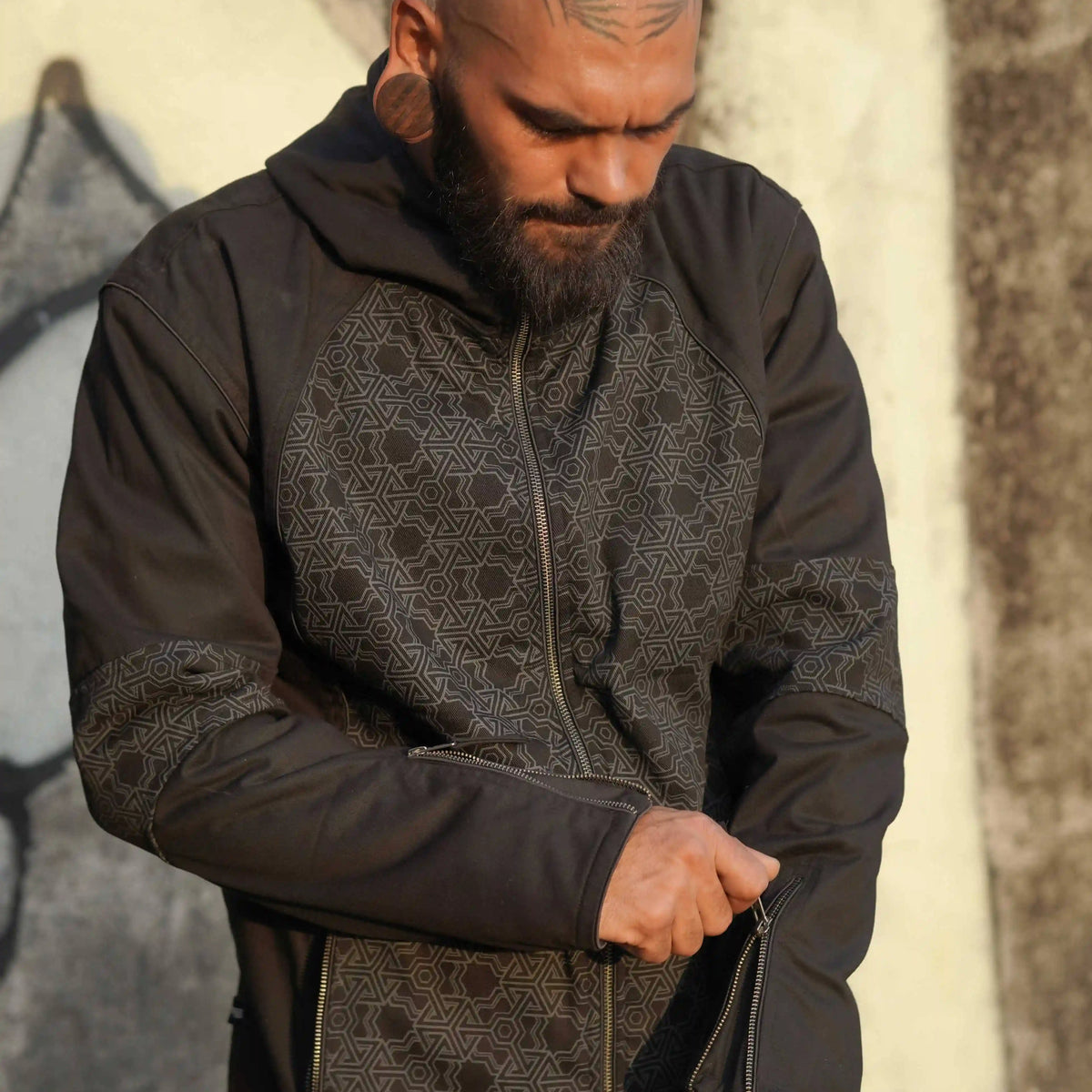 heavy cotton festival jacket for men black psychedelic pythagoras design fleece lined