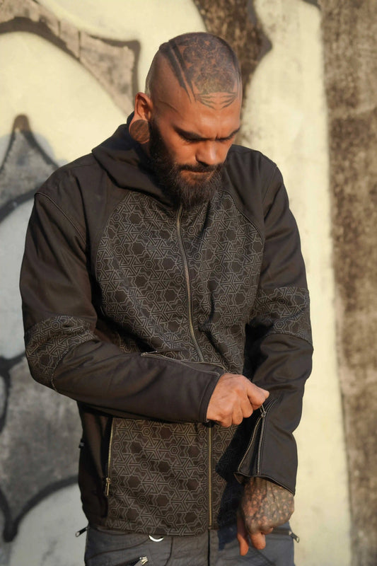 heavy cotton festival jacket for men black psychedelic pythagoras design fleece lined