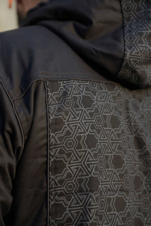 psychedelic geometric pattern heavy cotton festival jacket fabric detail pythagoras design