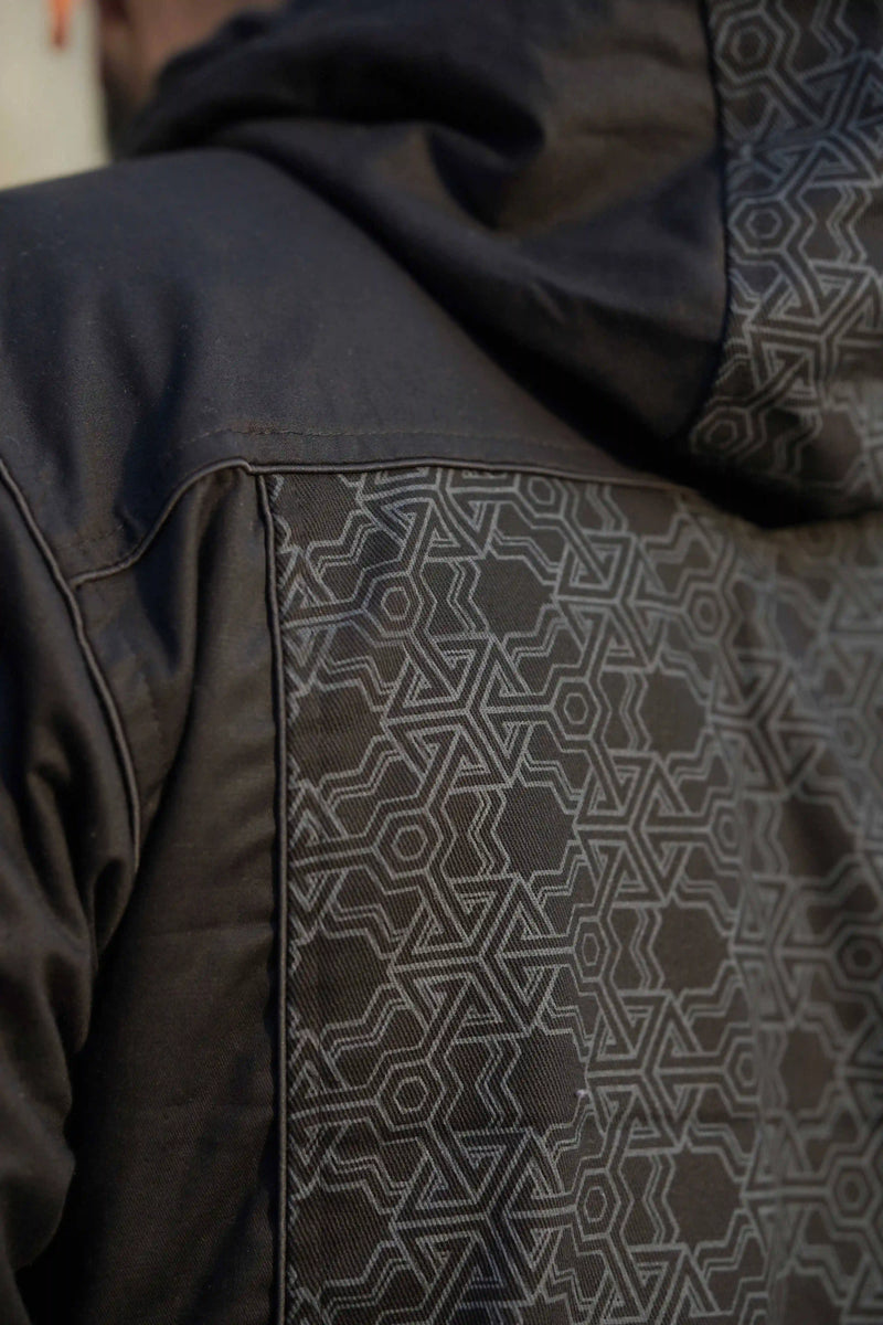 psychedelic geometric pattern heavy cotton festival jacket fabric detail pythagoras design