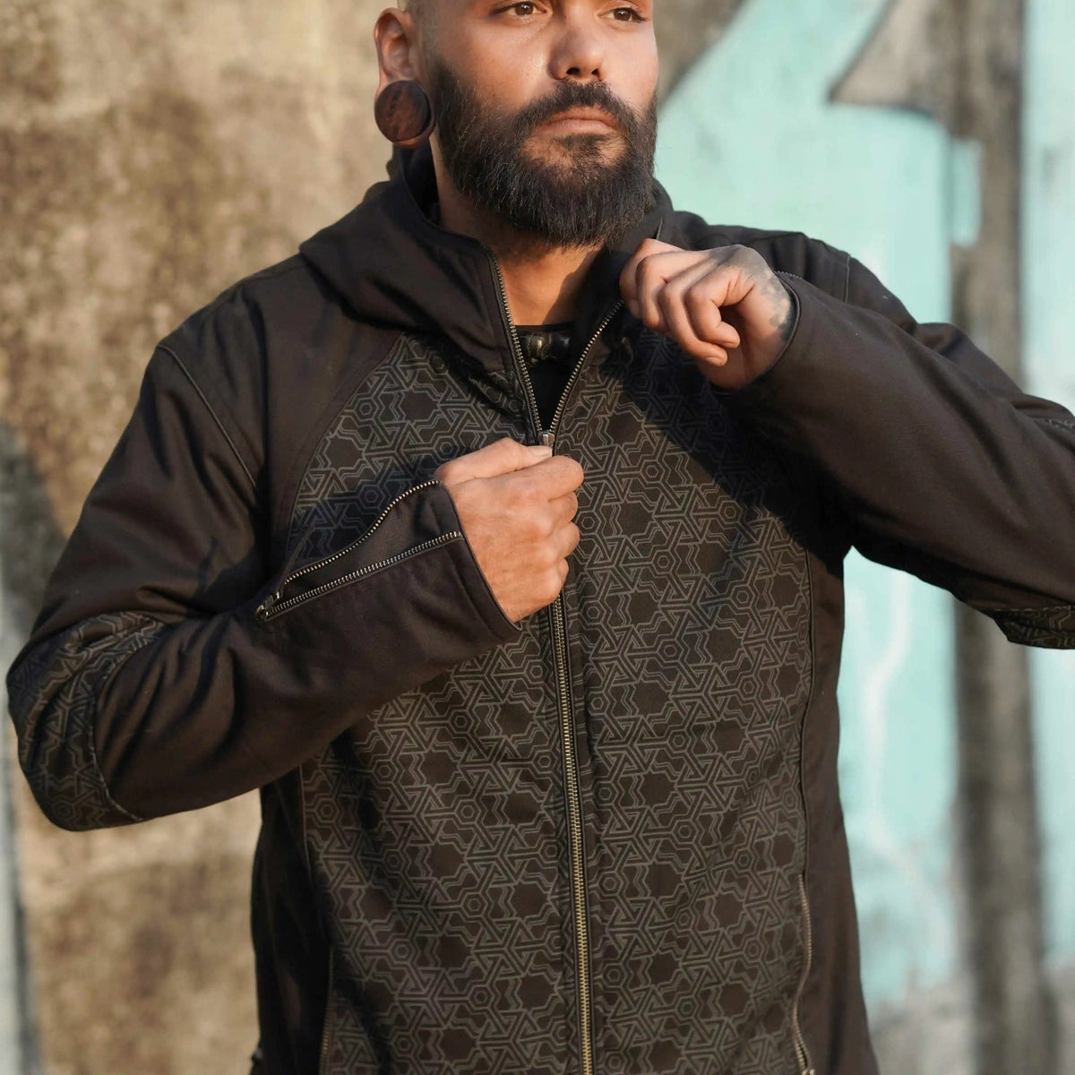 men wearing heavy cotton festival jacket with fleece lining black psychedelic streetwear jacket