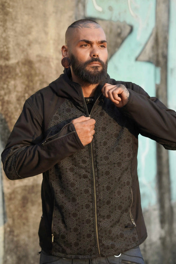 men wearing heavy cotton festival jacket with fleece lining black psychedelic streetwear jacket
